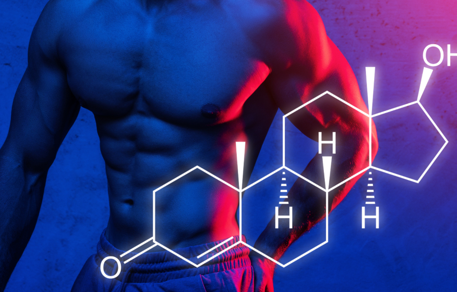 Muscular male torso and testosterone formula. Concept of hormone increasing methods.
