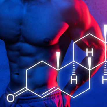 Muscular male torso and testosterone formula. Concept of hormone increasing methods.
