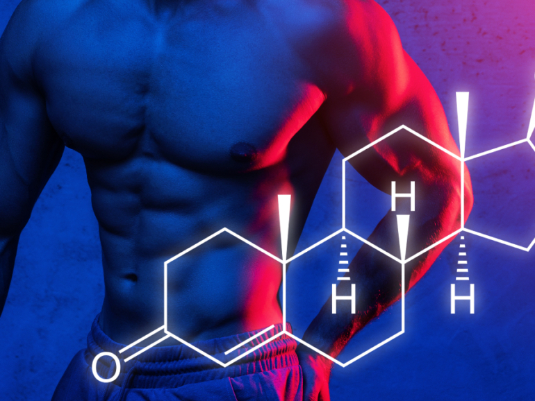Muscular male torso and testosterone formula. Concept of hormone increasing methods.